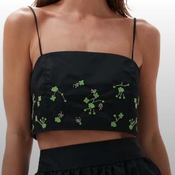 Ganni Tops - NWT Ganni Black Floral Embroidered Crystal Embellished Square Neck Crop Top